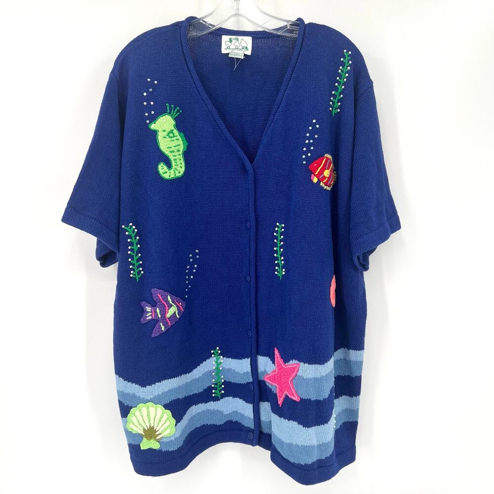 NWOT The Quacker Factory women’s embellished fish shell button front cardigan